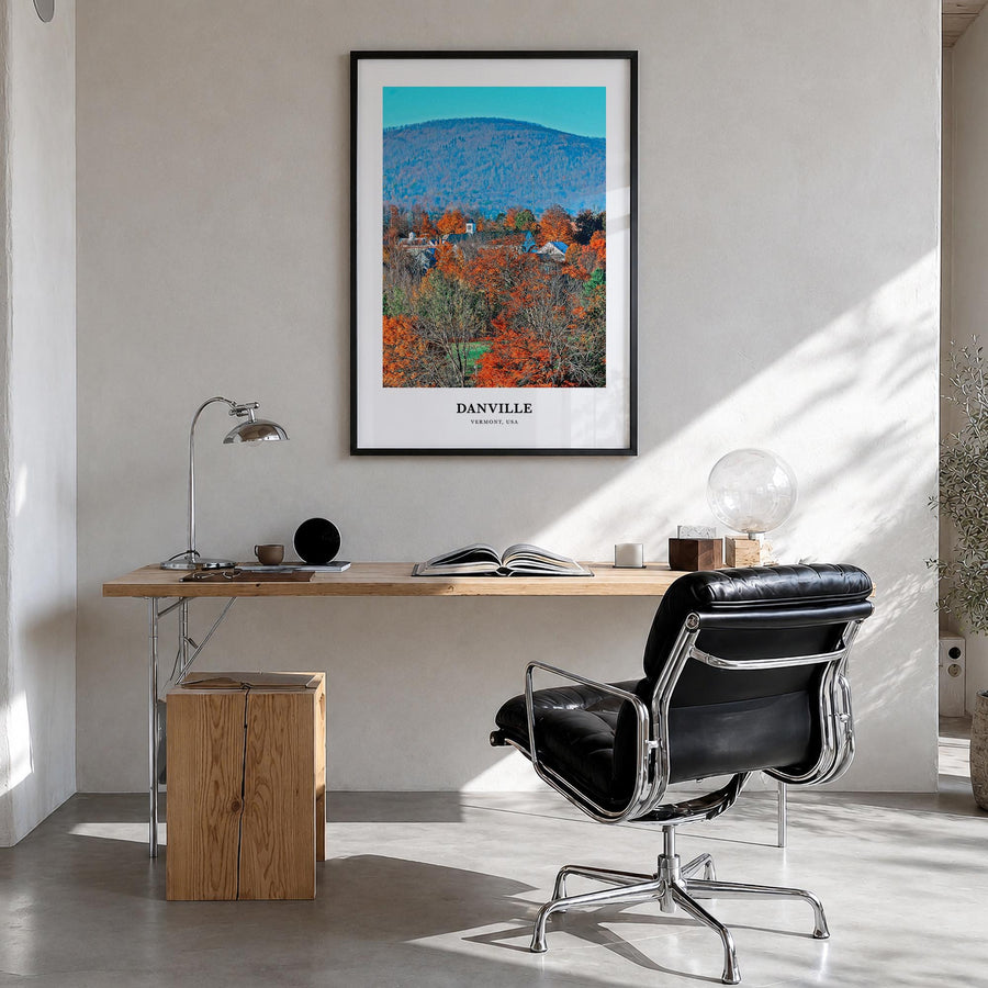 Danville, Vermont colorful classic poster of Vermont, USA – vertical wall art in black wood frame, hanging on wall
