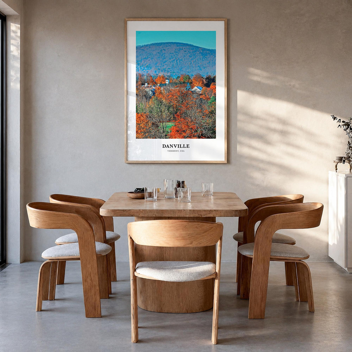 Danville, Vermont colorful classic poster of Vermont, USA – vertical wall art in natural wood frame, hanging on wall