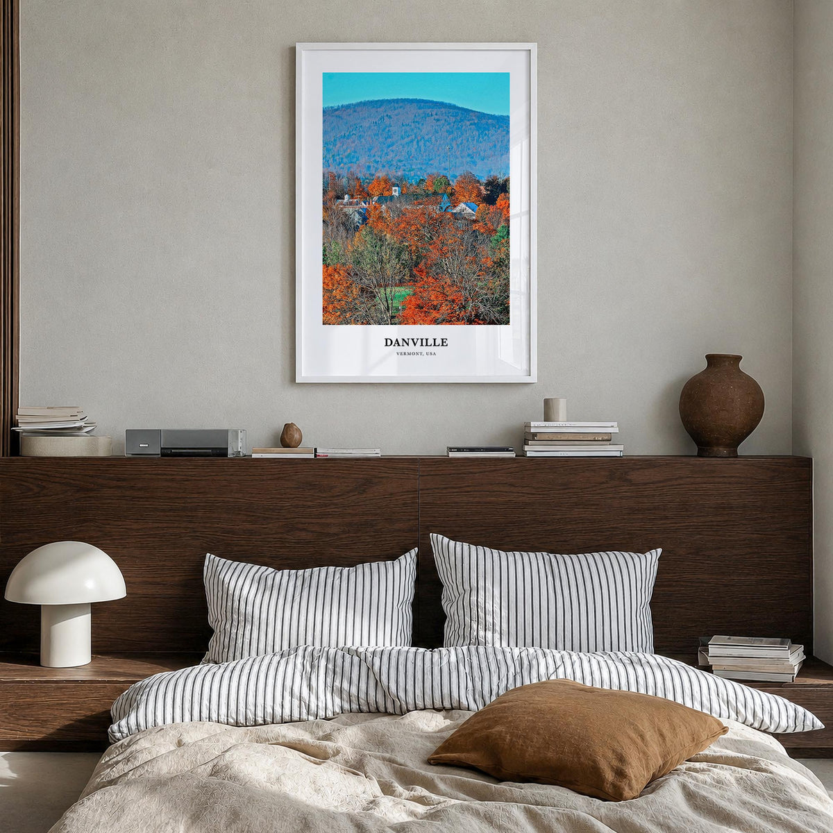 Danville, Vermont colorful classic poster of Vermont, USA – vertical wall art in white wood frame, hanging on wall