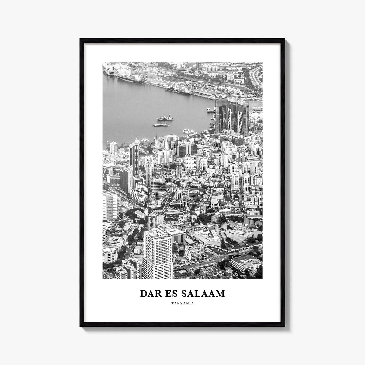Dar es Salaam black & white classic poster of Tanzania – vertical wall art, unframed print shown in interior mockup