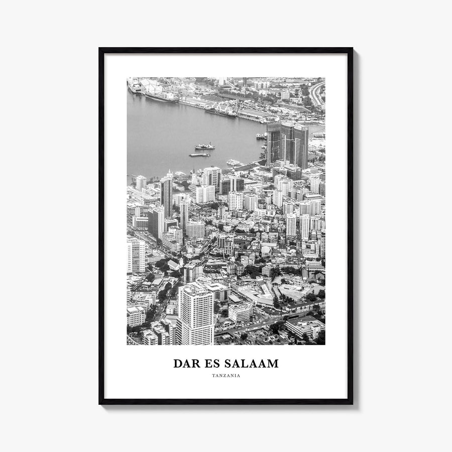 Dar es Salaam black & white classic poster of Tanzania – vertical wall art, unframed print shown in interior mockup