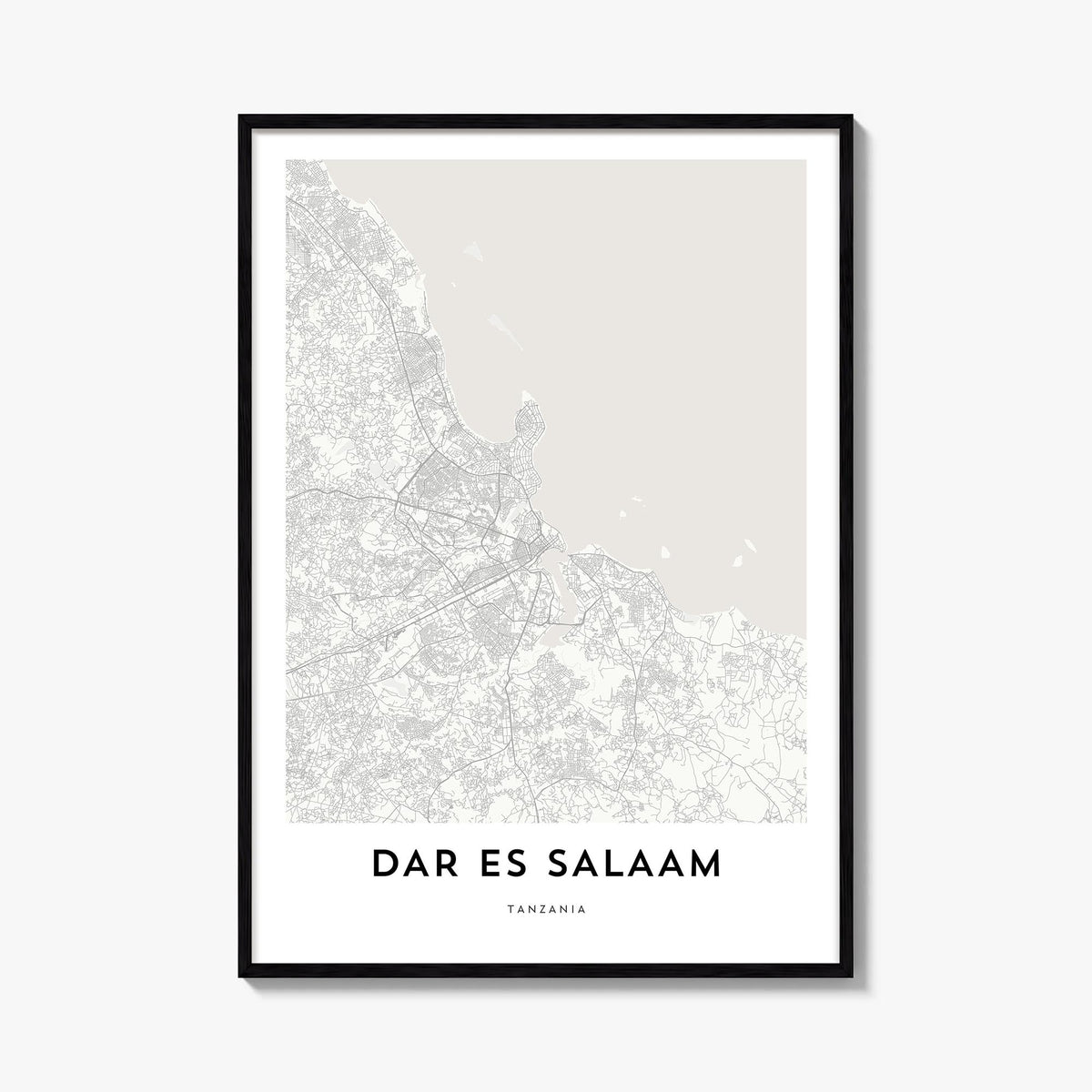Dar es Salaam black & white map poster of Tanzania – vertical wall art, unframed print shown in interior mockup