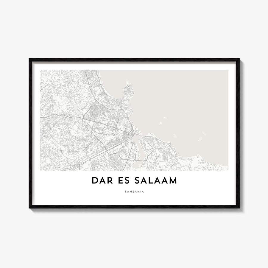 Dar es Salaam black & white map poster of Tanzania – horizontal wall art, unframed print shown in interior mockup