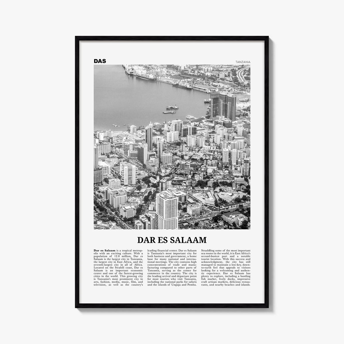 Dar es Salaam black & white newspaper poster of Tanzania – vertical wall art, unframed print shown in interior mockup