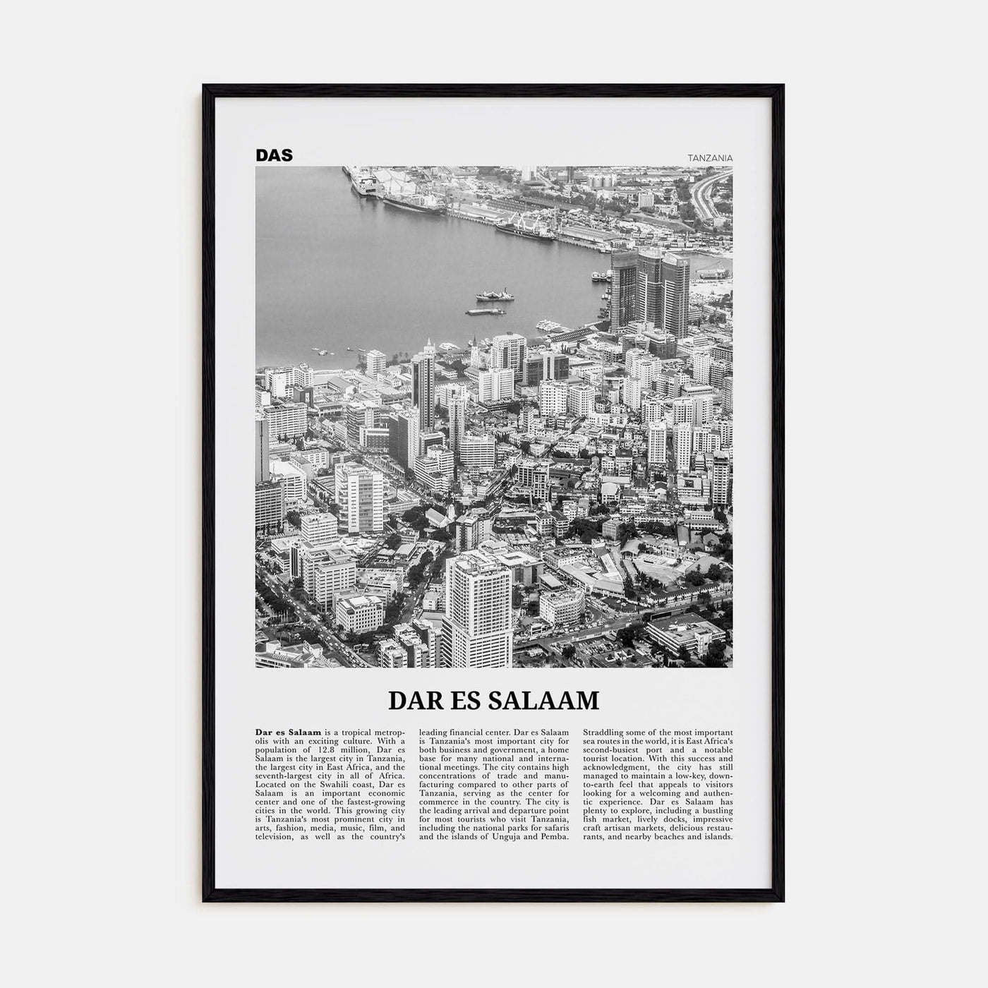 Dar es Salaam Poster Black Wood / 8x12 in Nbourhood Travel B&W Poster