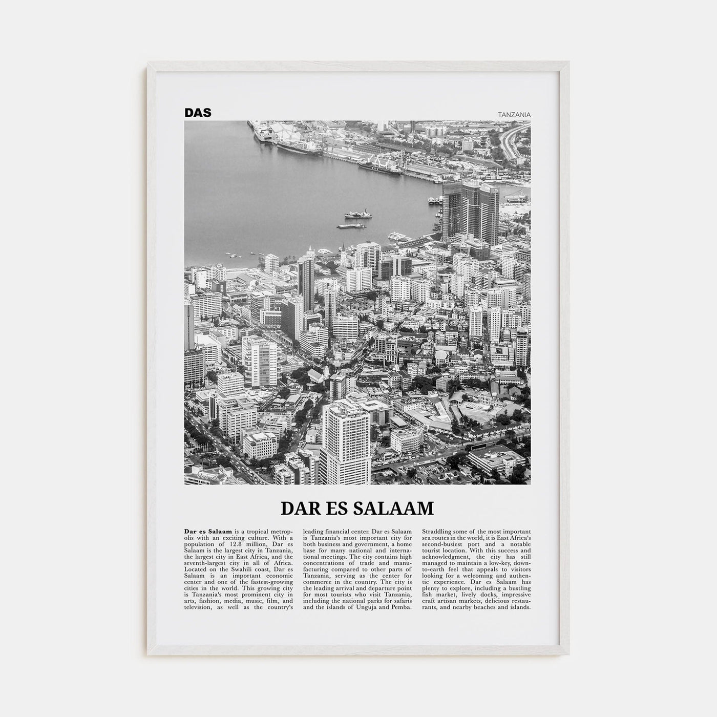 Dar es Salaam Poster White Wood / 8x12 in Nbourhood Travel B&W Poster