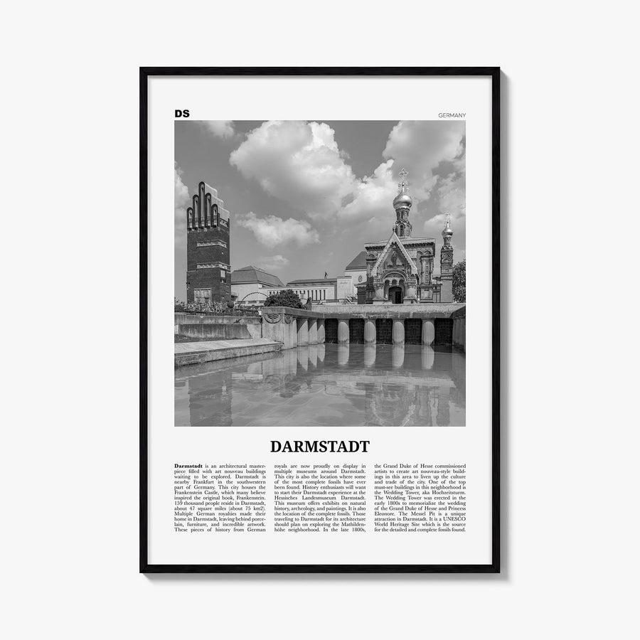 Darmstadt black & white newspaper poster of Germany – vertical wall art, unframed print shown in interior mockup