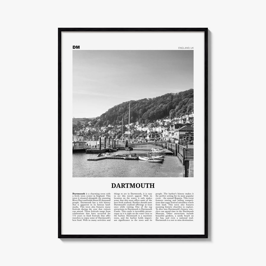 Dartmouth, England black & white newspaper poster of United Kingdom – vertical wall art, unframed print shown in interior moc