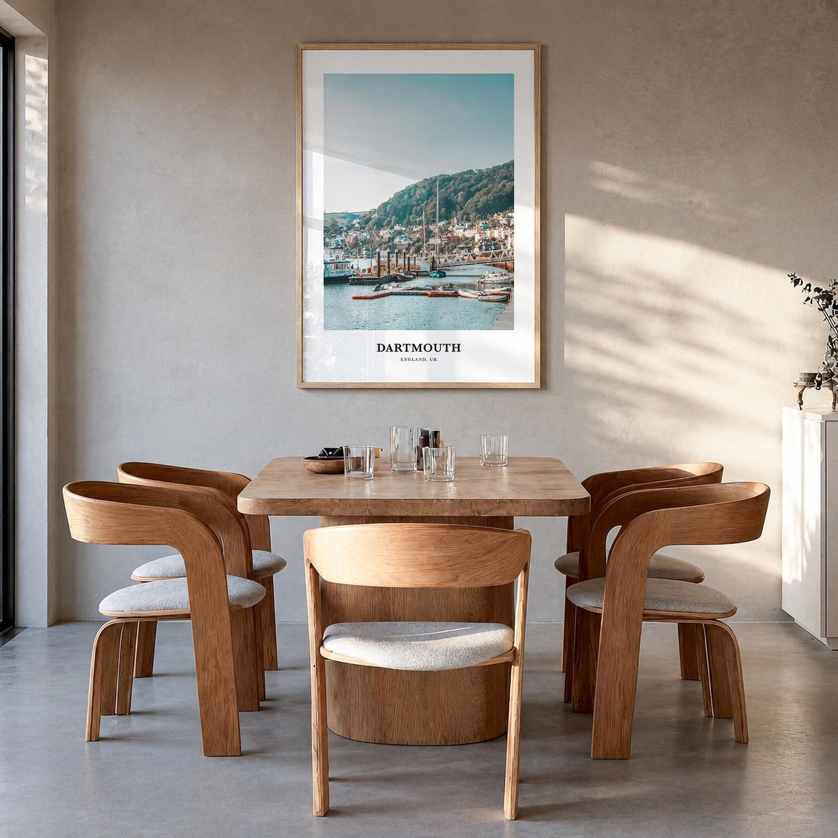 Dartmouth, England colorful classic poster of United Kingdom – vertical wall art in natural wood frame, hanging on wall