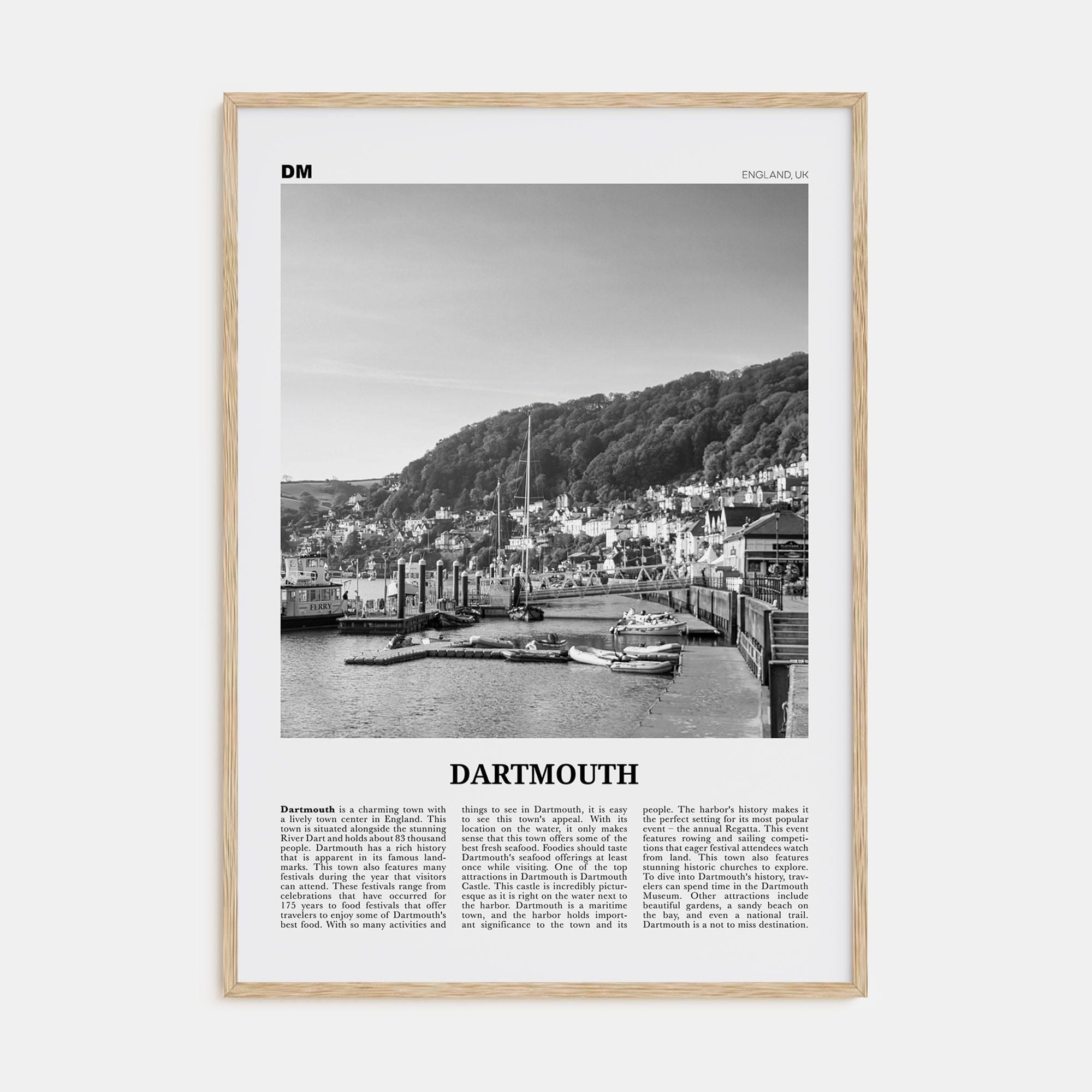 Dartmouth, England Poster Natural Wood / 8x12 in Nbourhood Travel B&W Poster