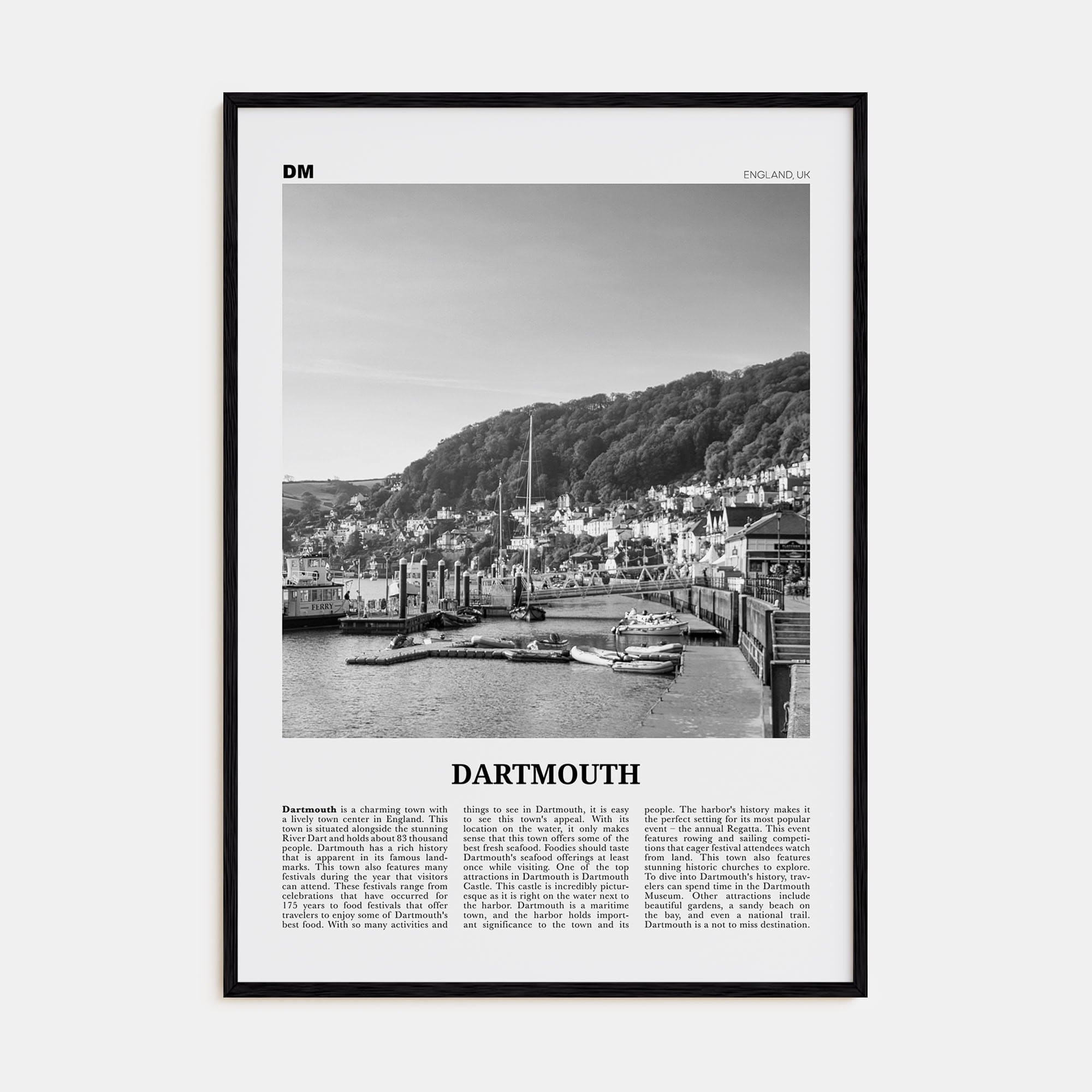 Dartmouth, England Poster Black Wood / 8x12 in Nbourhood Travel B&W Poster