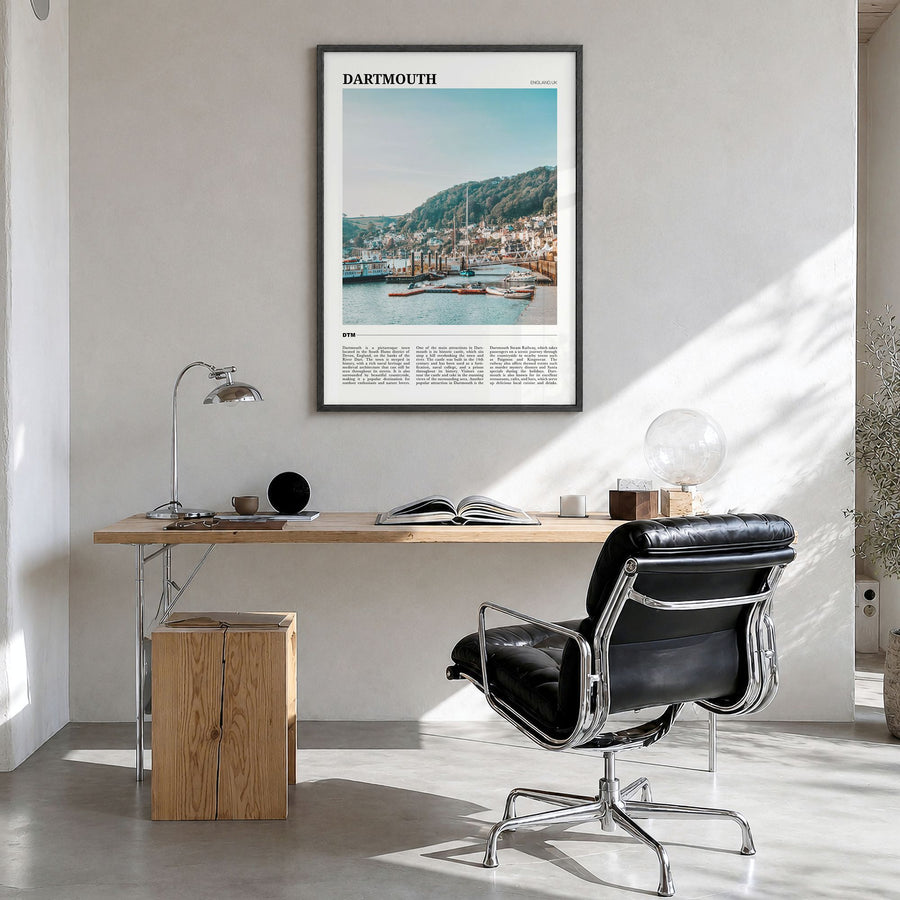 Dartmouth, England Travel Poster in a black wood frame, hanging in a bright home office