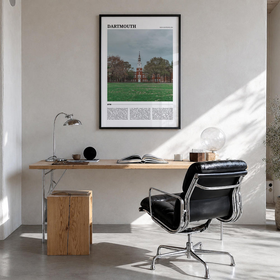 Dartmouth, New Hampshire colorful travel poster of New Hampshire, USA – vertical wall art in black wood frame, hanging on wal
