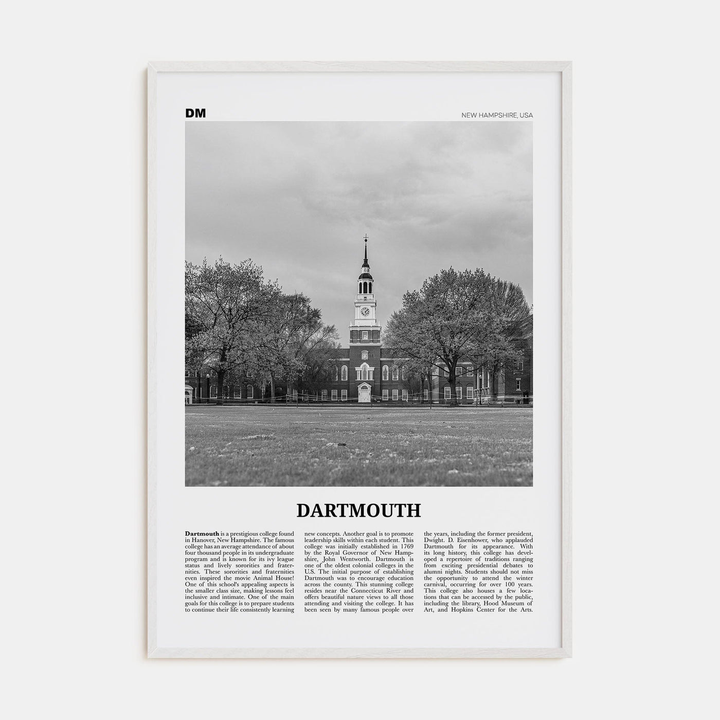 Dartmouth, New Hampshire Poster White Wood / 8x12 in Nbourhood Travel B&W Poster