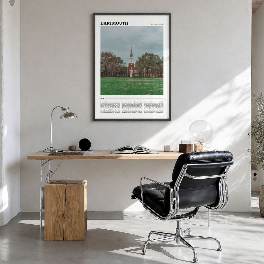 Dartmouth Travel Poster in a black wood frame, hanging in a bright home office
