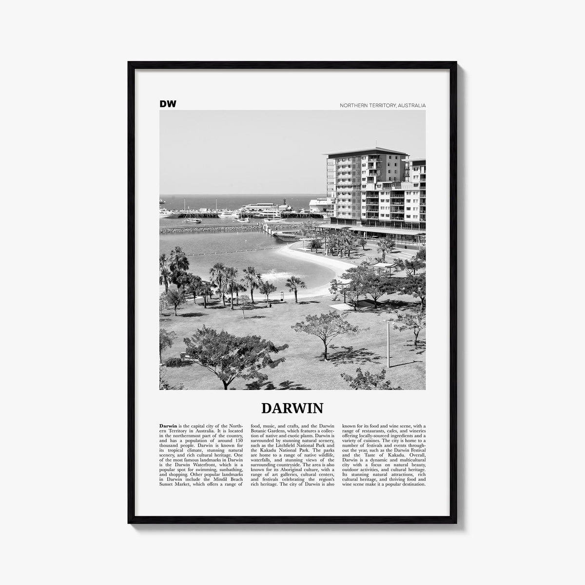 Darwin black & white newspaper poster of Australia – vertical wall art, unframed print shown in interior mockup