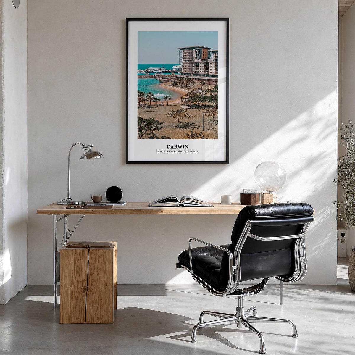 Darwin colorful classic poster of Australia – vertical wall art in black wood frame, hanging on wall