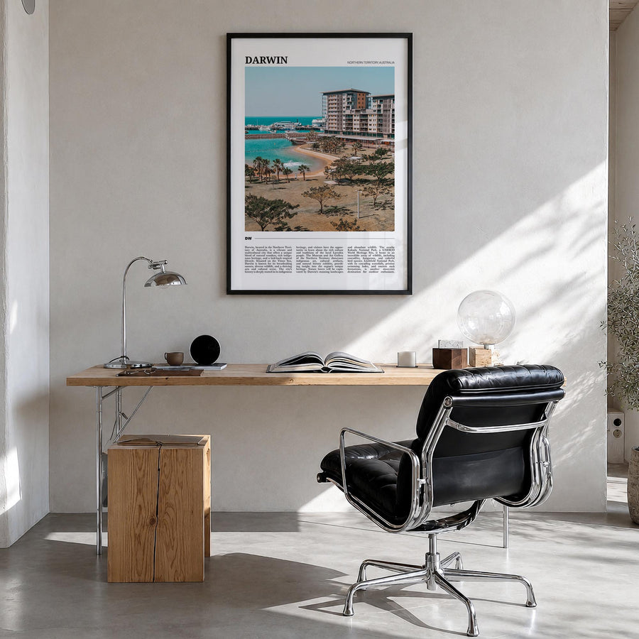 Darwin colorful travel poster of Australia – vertical wall art in black wood frame, hanging on wall
