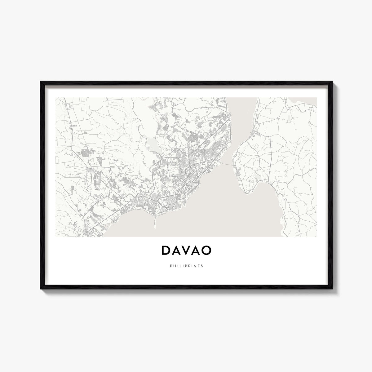Davao black & white map poster of Philippines – horizontal wall art, unframed print shown in interior mockup