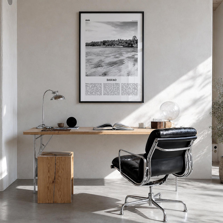 Davao black & white newspaper poster of Philippines – vertical wall art in black wood frame, hanging on wall
