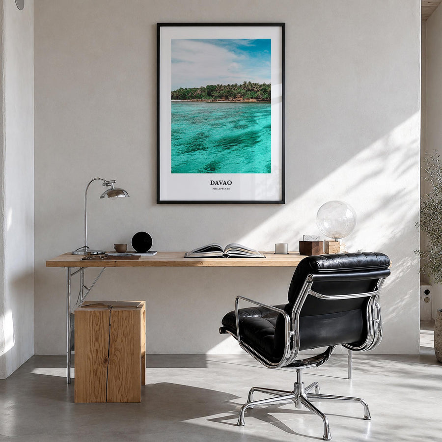 Davao colorful classic poster of Philippines – vertical wall art in black wood frame, hanging on wall
