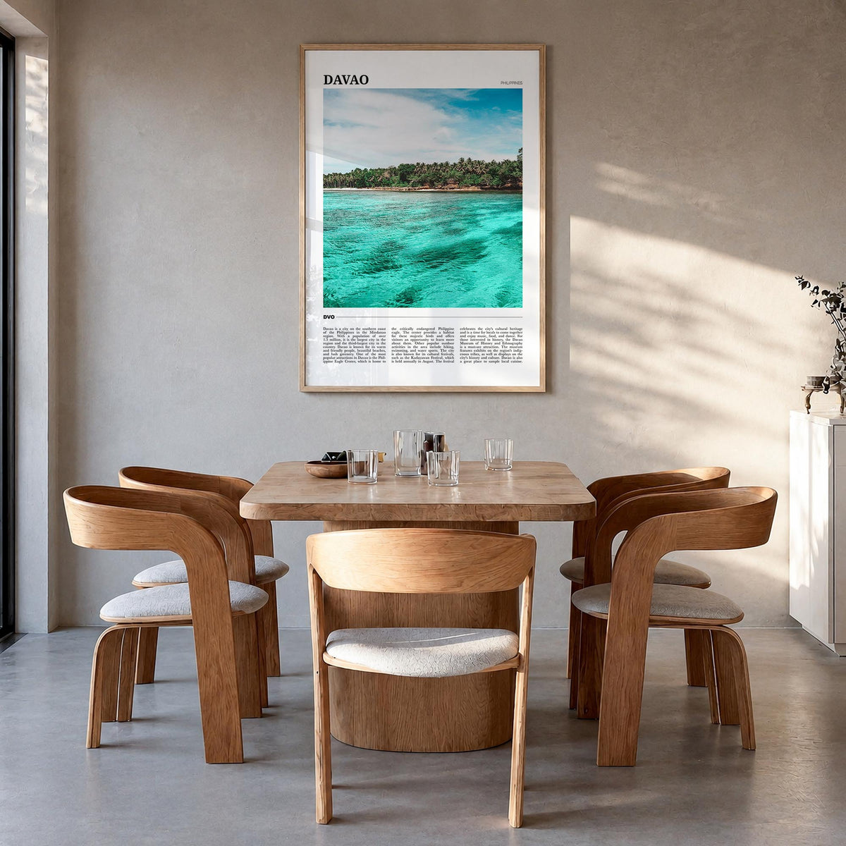 Davao colorful travel poster of Philippines – vertical wall art in natural wood frame, hanging on wall