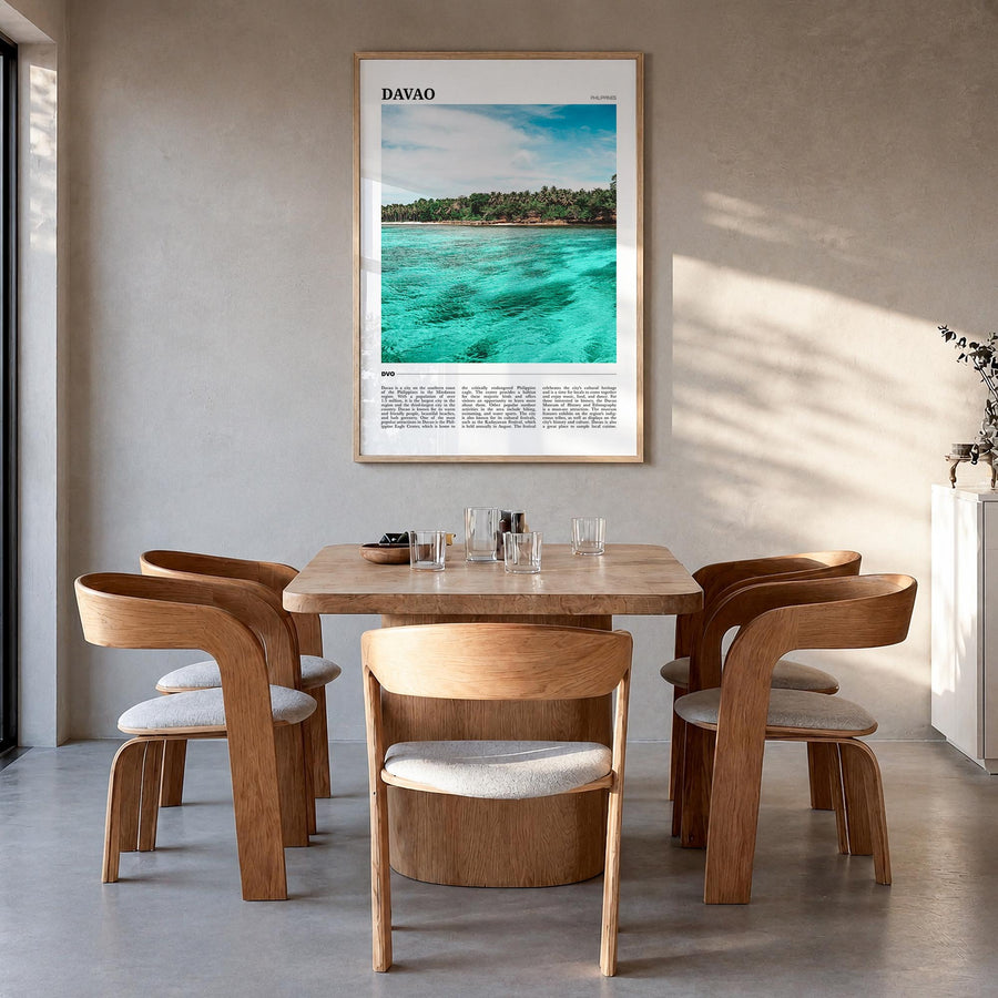 Davao colorful travel poster of Philippines – vertical wall art in natural wood frame, hanging on wall