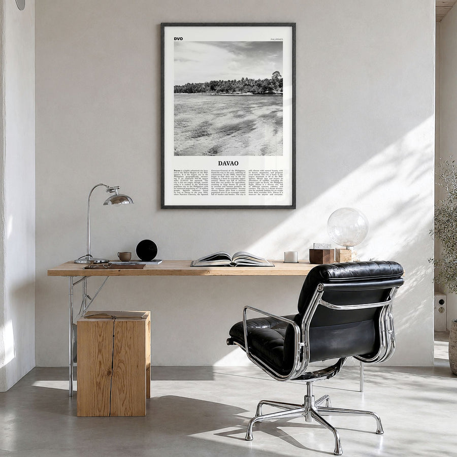 Davao Newspaper Poster in a black wood frame, hanging in a bright home office