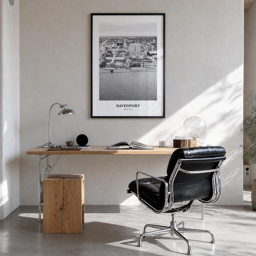 Davenport black & white classic poster of Iowa, USA – vertical wall art in black wood frame, hanging on wall