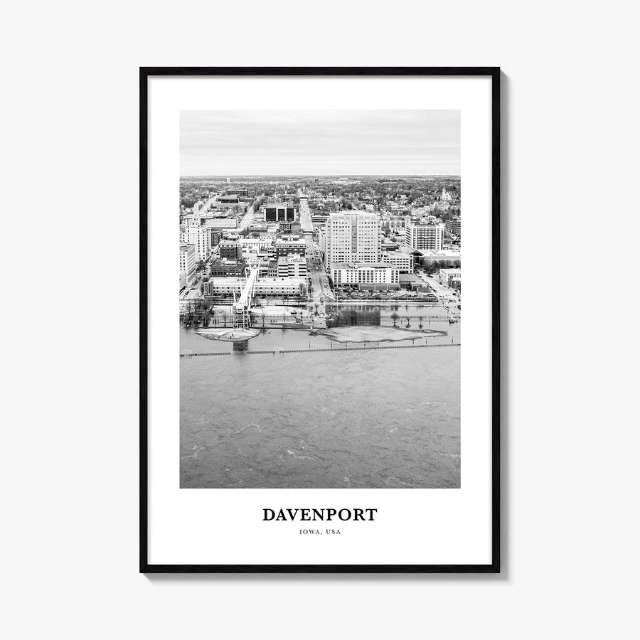 Davenport black & white classic poster of Iowa, USA – vertical wall art, unframed print shown in interior mockup