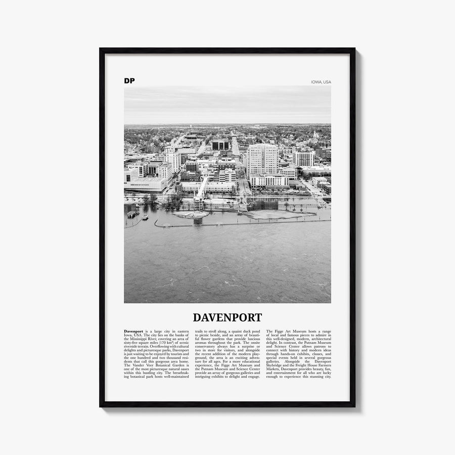 Davenport black & white newspaper poster of Iowa, USA – vertical wall art, unframed print shown in interior mockup