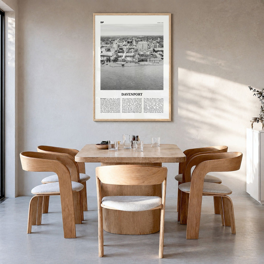 Davenport Newspaper Poster in a natural wood frame, hanging in a dining room