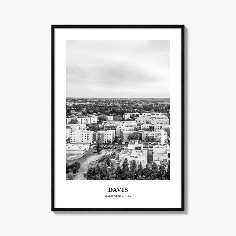 Davis black & white classic poster of California, USA – vertical wall art, unframed print shown in interior mockup