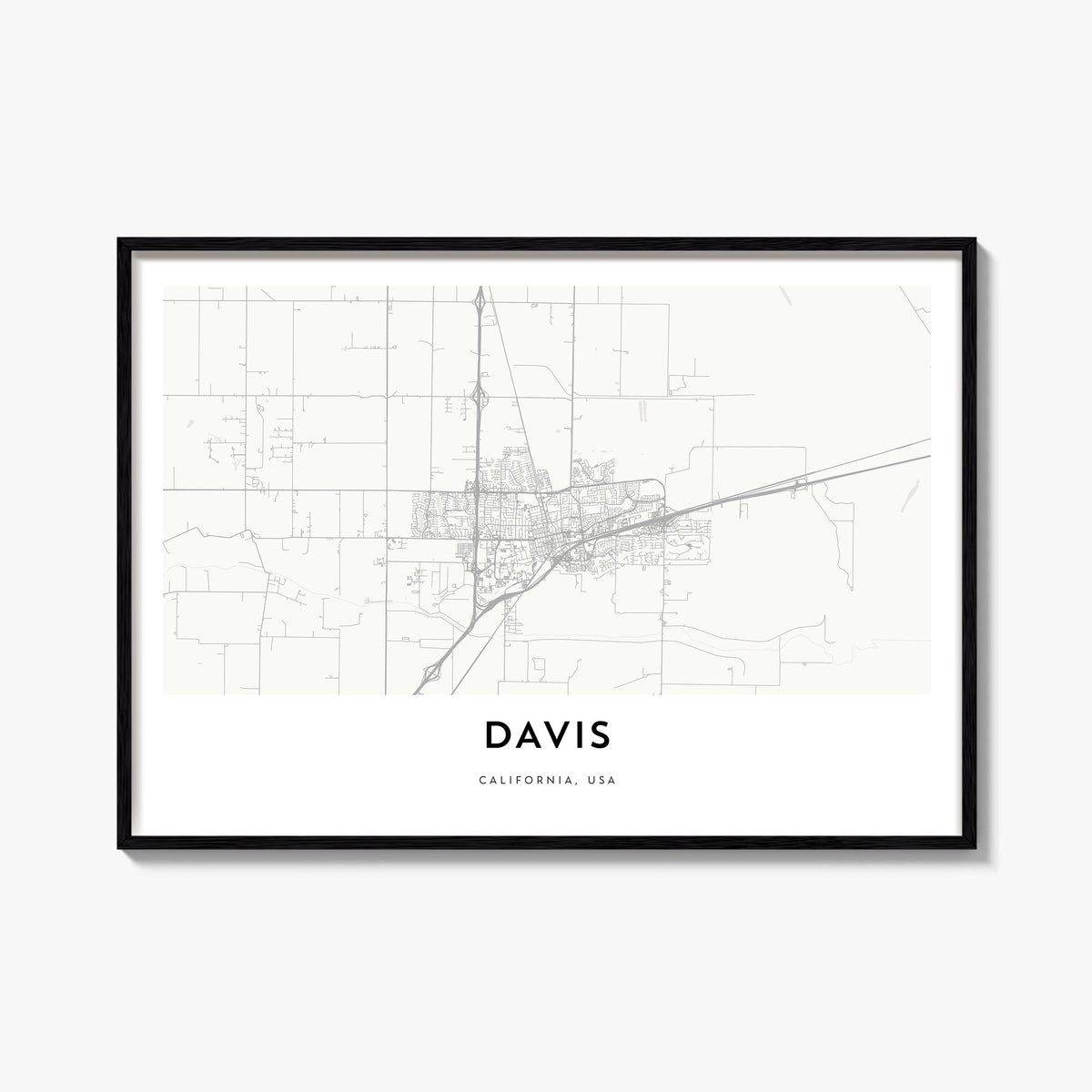 Davis black & white map poster of California, USA – horizontal wall art, unframed print shown in interior mockup