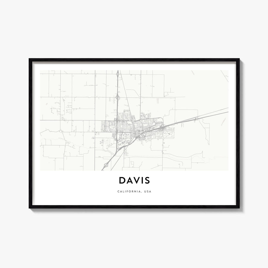 Davis black & white map poster of California, USA – horizontal wall art, unframed print shown in interior mockup