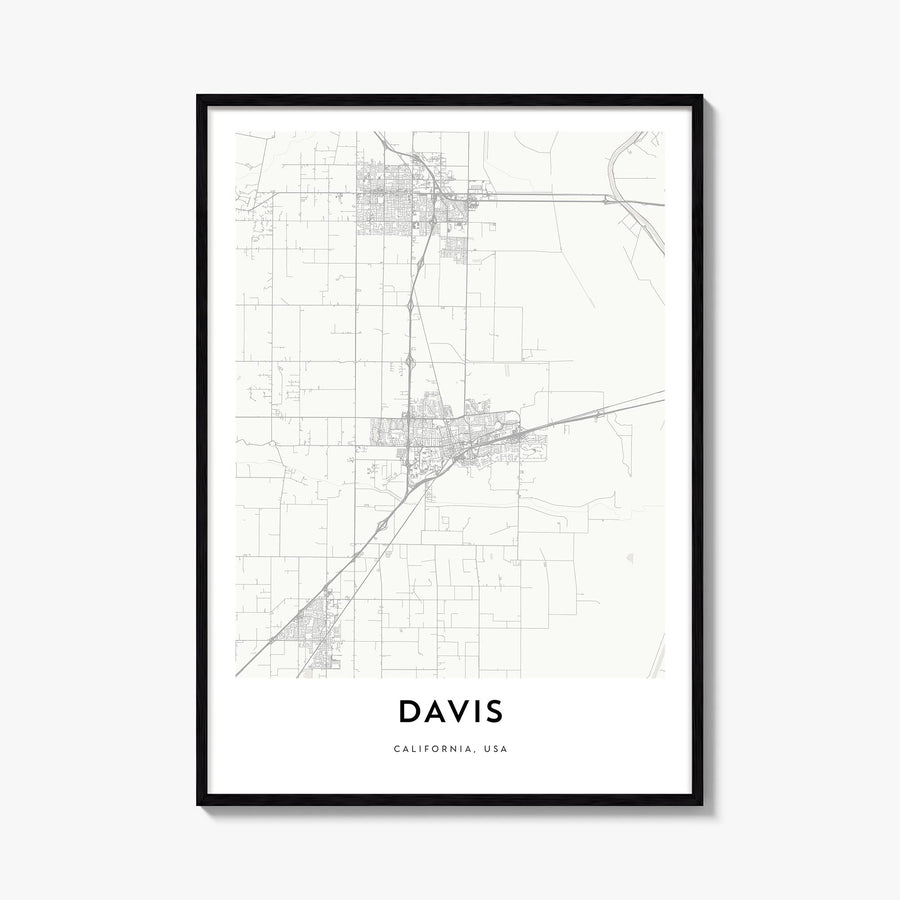 Davis black & white map poster of California, USA – vertical wall art, unframed print shown in interior mockup
