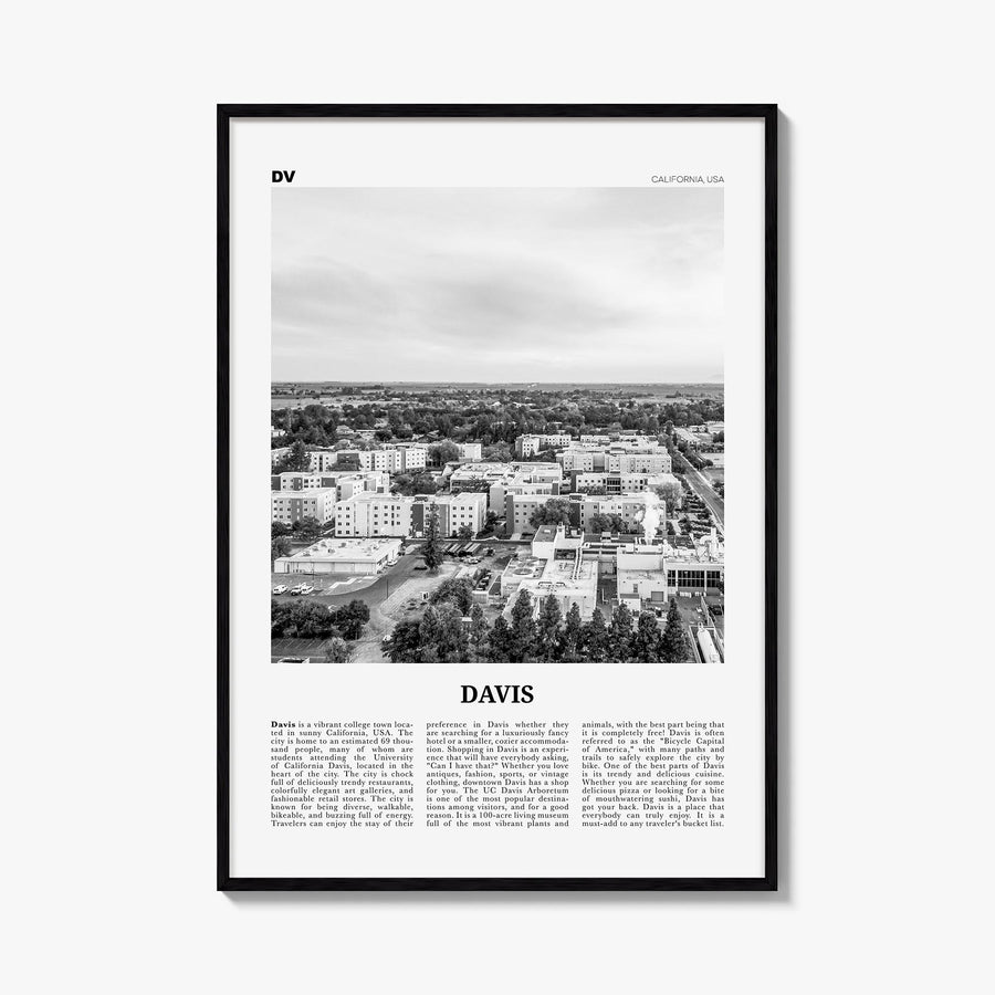 Davis black & white newspaper poster of California, USA – vertical wall art, unframed print shown in interior mockup