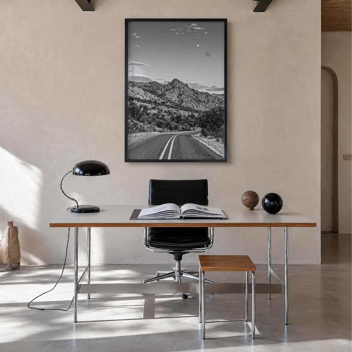 Davis black & white photo poster of California, USA – vertical wall art in black wood frame, hanging on wall