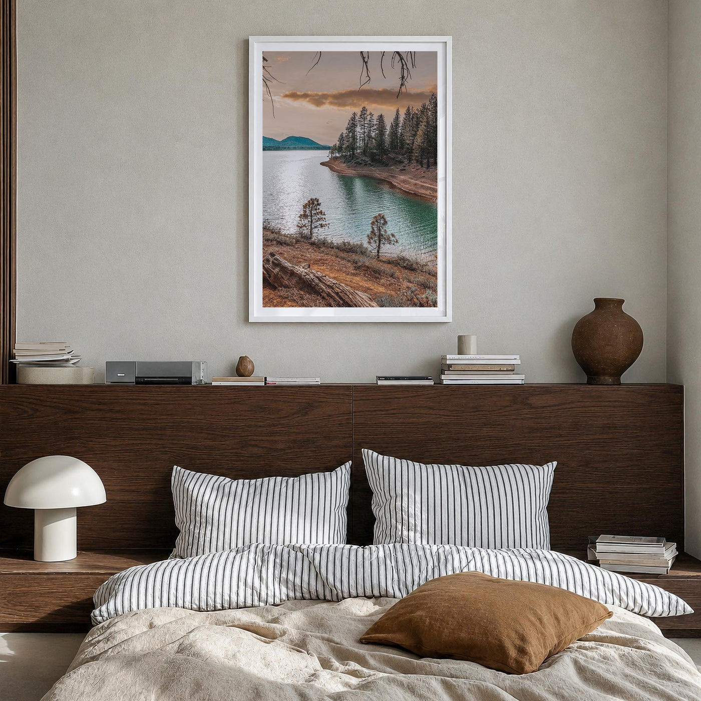 Davis colorful photo poster of California, USA – vertical wall art in white wood frame with white border, hanging on wall