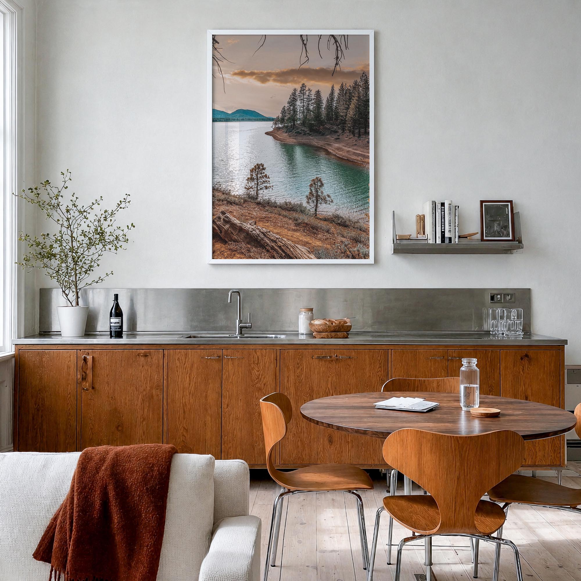 Davis colorful photo poster of California, USA – vertical wall art in white wood frame, hanging on wall