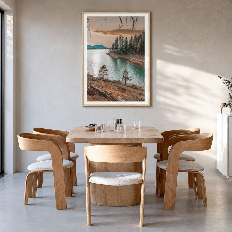 Davis Photo Poster in a natural wood frame, hanging in a dining room, white border
