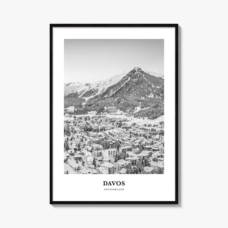 Davos black & white classic poster of Switzerland – vertical wall art, unframed print shown in interior mockup