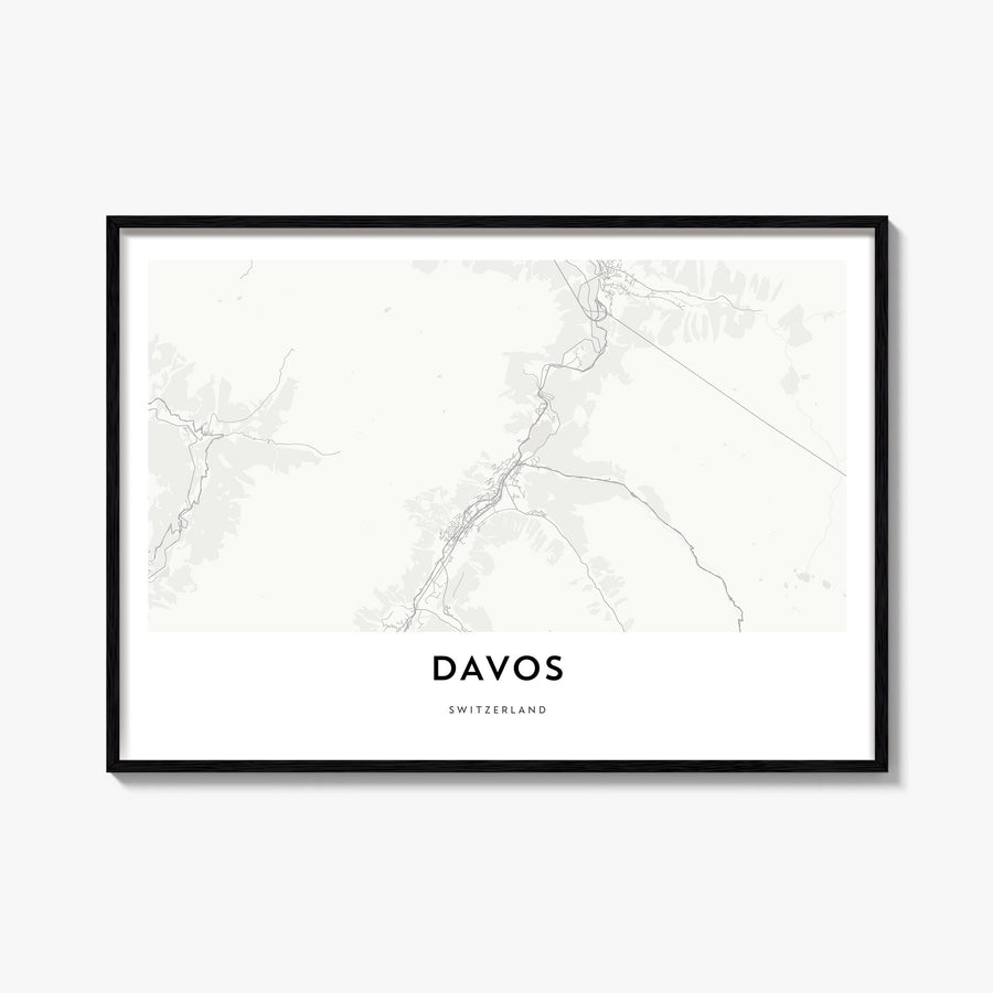 Davos black & white map poster of Switzerland – horizontal wall art, unframed print shown in interior mockup