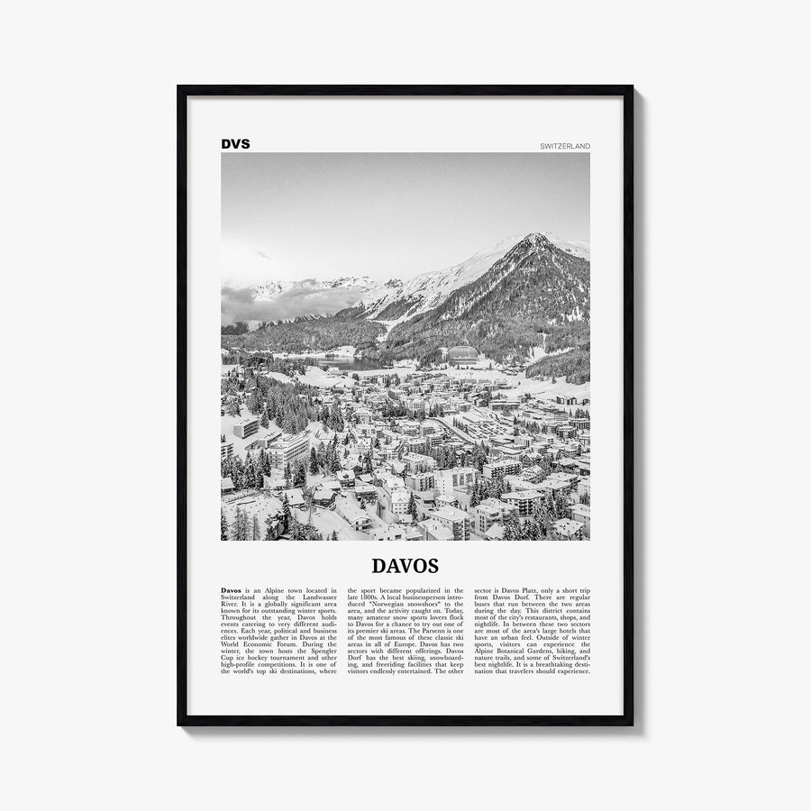 Davos black & white newspaper poster of Switzerland – vertical wall art, unframed print shown in interior mockup