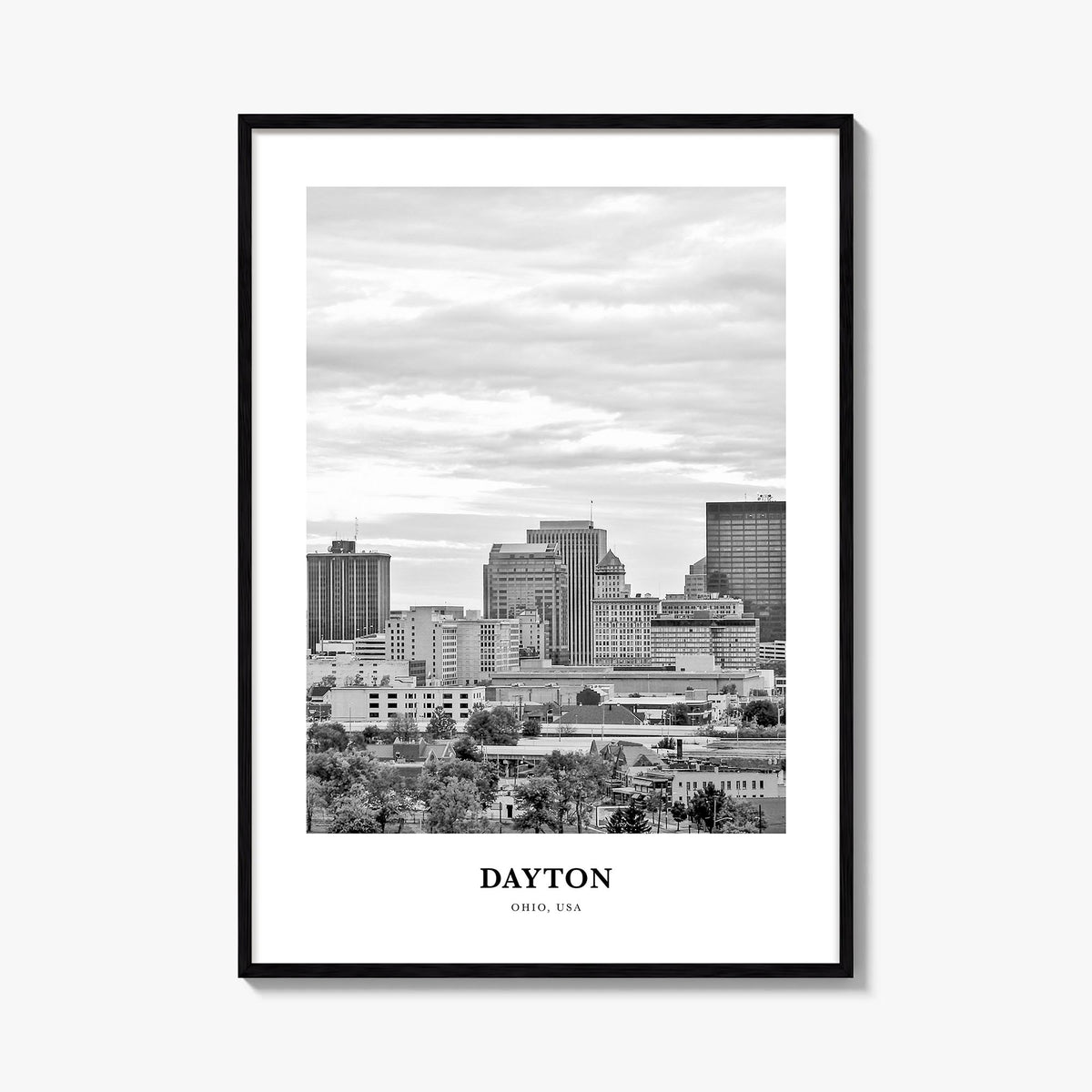 Dayton black & white classic poster of Ohio, USA – vertical wall art, unframed print shown in interior mockup