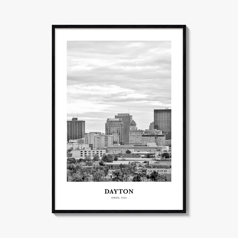 Dayton black & white classic poster of Ohio, USA – vertical wall art, unframed print shown in interior mockup