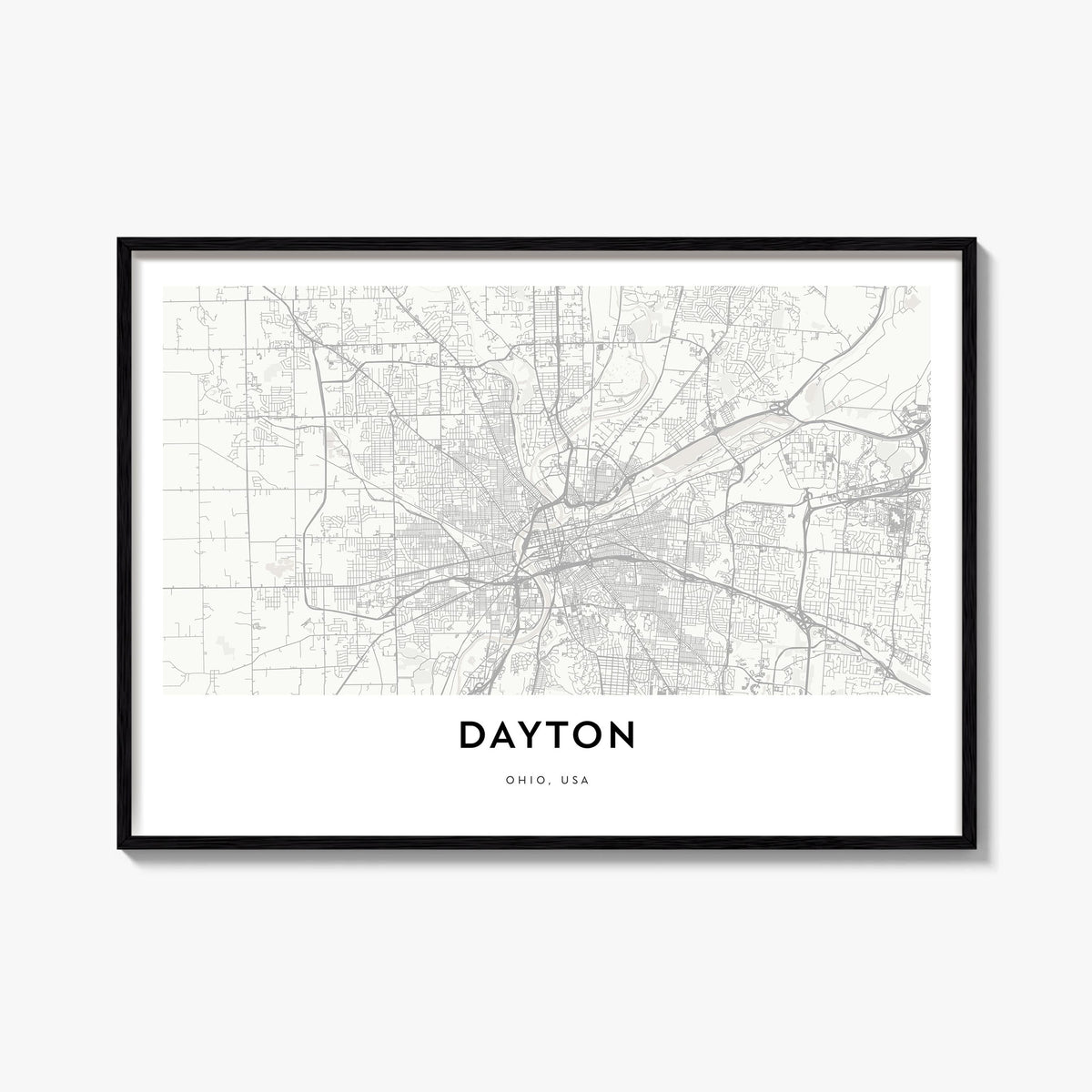 Dayton black & white map poster of Ohio, USA – horizontal wall art, unframed print shown in interior mockup