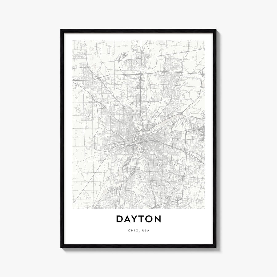 Dayton black & white map poster of Ohio, USA – vertical wall art, unframed print shown in interior mockup