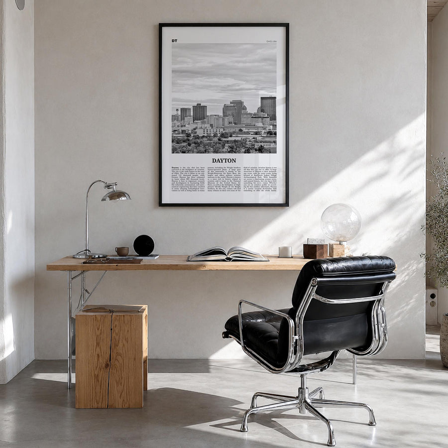 Dayton black & white newspaper poster of Ohio, USA – vertical wall art in black wood frame, hanging on wall