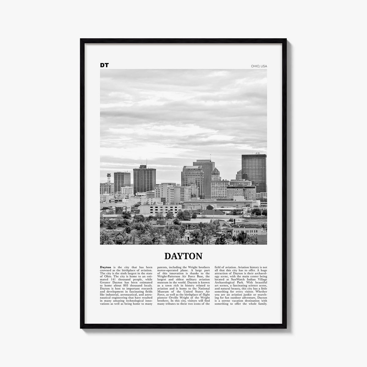 Dayton black & white newspaper poster of Ohio, USA – vertical wall art, unframed print shown in interior mockup